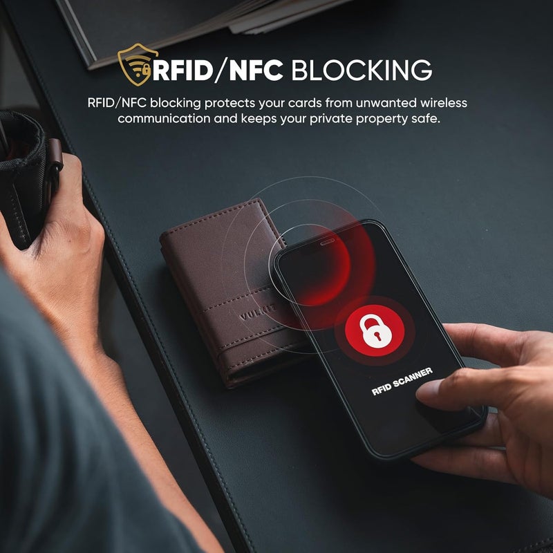 VULKIT حامل بطاقات محفظة جلدية قابلة للطي للرجال مع حماية RFID علبة بطاقات معدنية، تحمل 9 بطاقات ونقود إسبريسو - Image 5